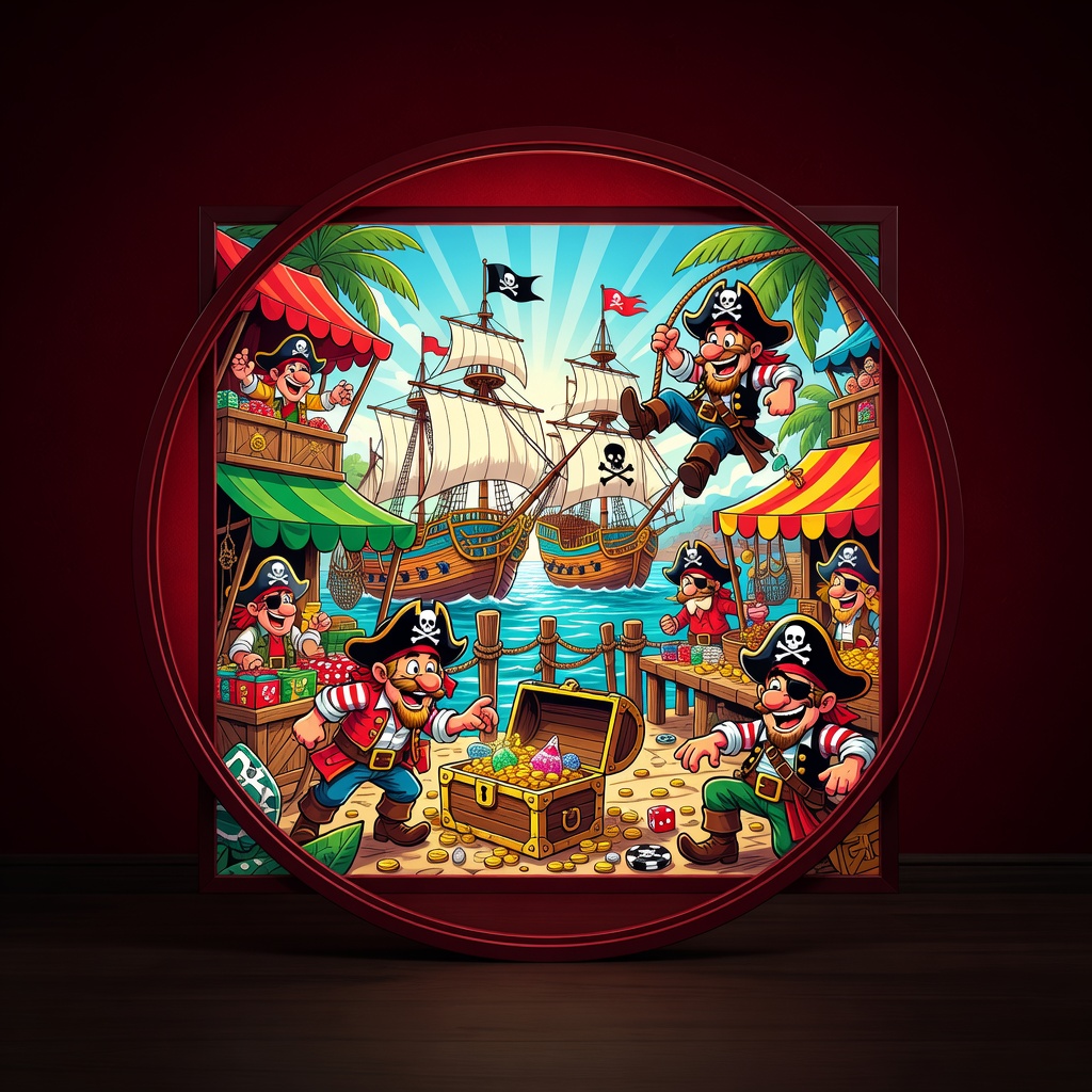 Colourful cartoon pirate harbour with galleons